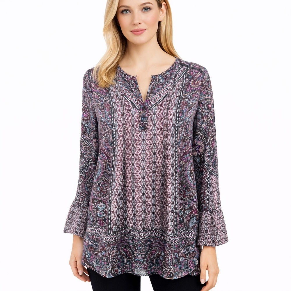 Belle Kim Gravel Modern Mosaic Blouse Dark Paisley Boho Chic Relaxed Size 1X